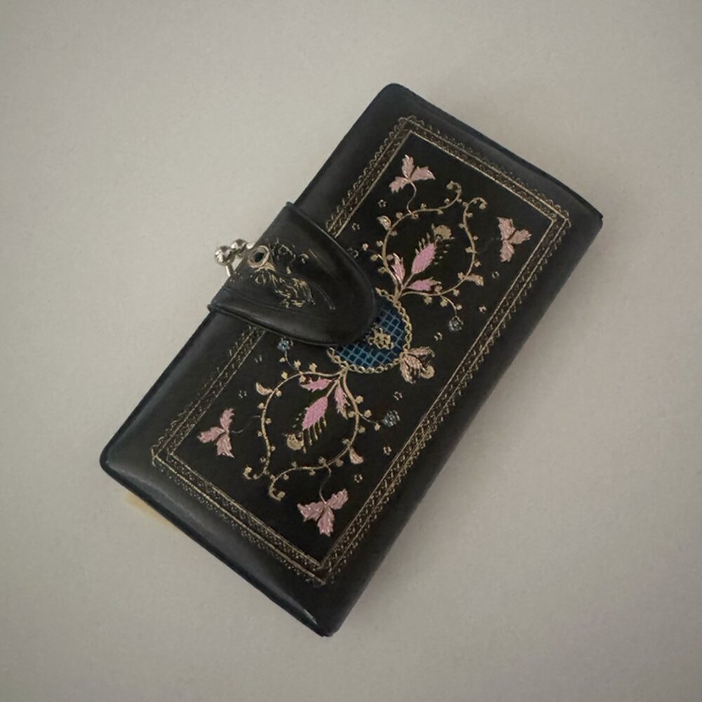Vintage Embroidered Leather Wallet / Clutch – Black w/ Floral Pink & Gold Detail